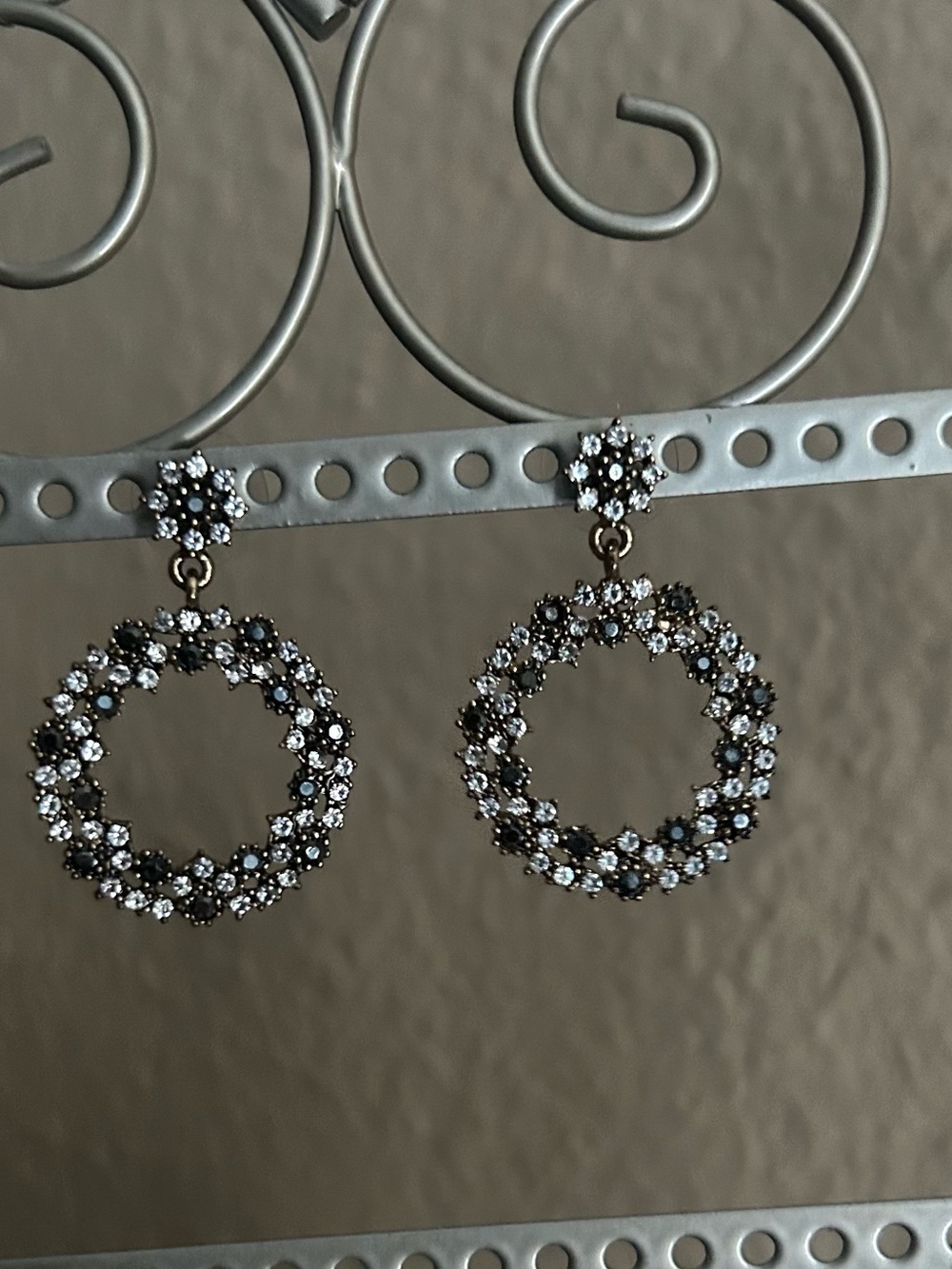 Black and White Rhinestones Hoop Drop Earrings